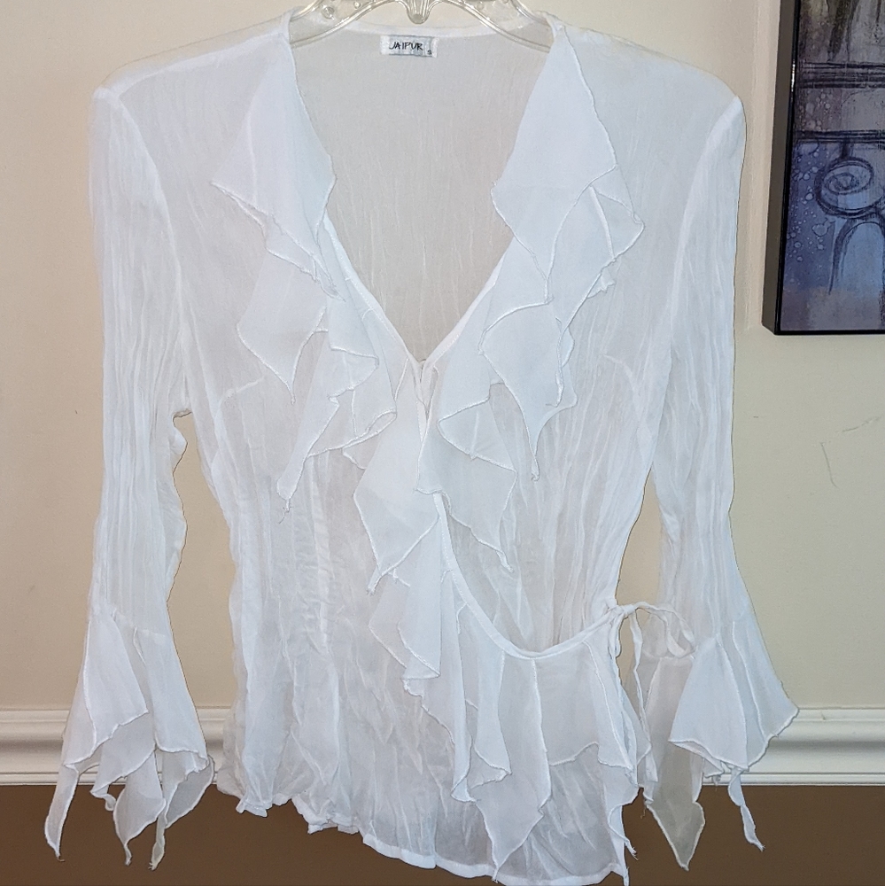 Jaipur Size Small Sheer white ruffle blouse.